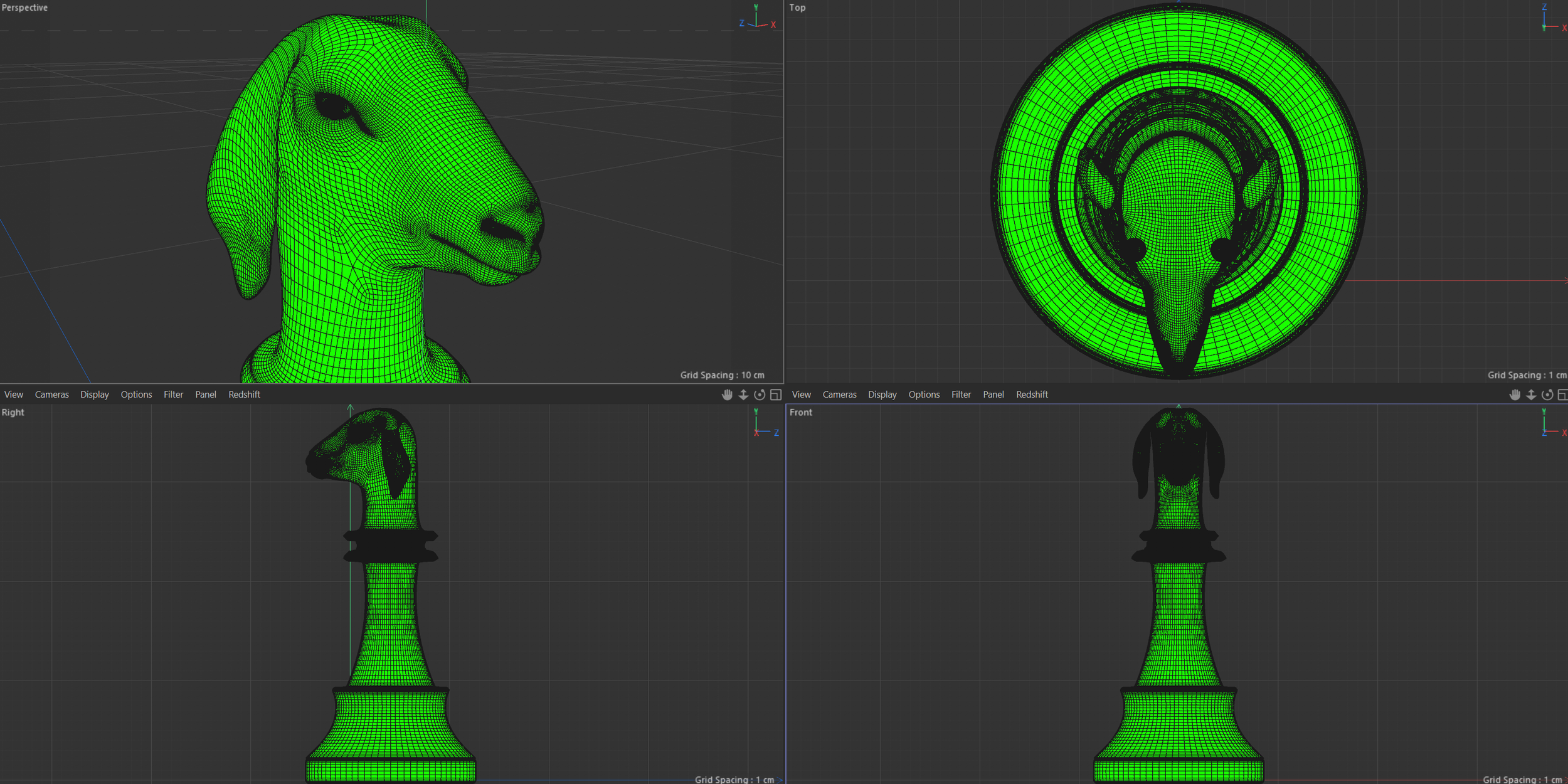 3D wireframe model of a snake's head mounted on a chess pawn base, viewed from various angles in a 3D modeling software.