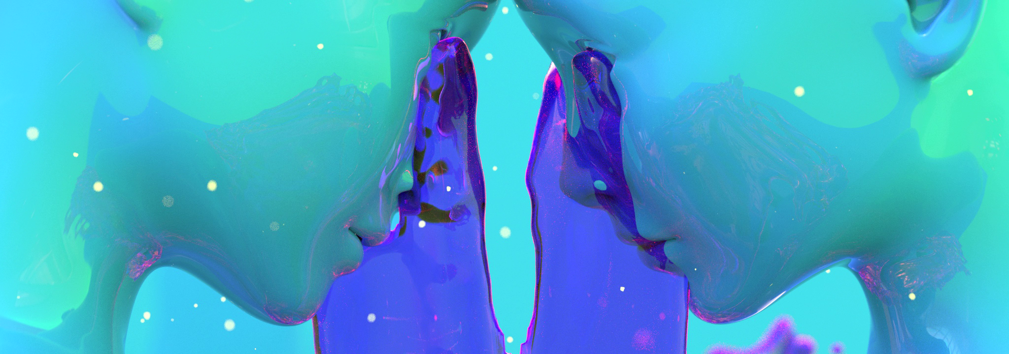 Renderfruit digital artworks exhibited three times in Times Square, New York — large-scale LED screens and 3D motion design installations. Two glass sculptures of human faces and hands touching noses, with an iridescent, colorful background.