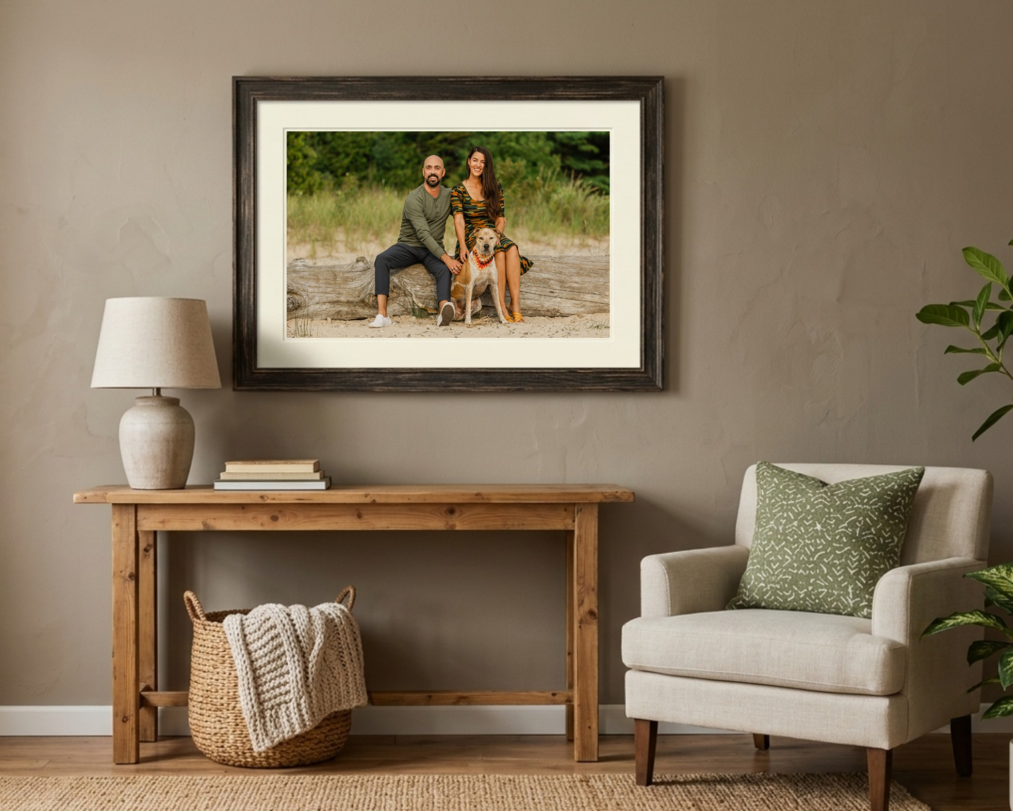 A framed family pet portrait on a Northern Michigan beach.