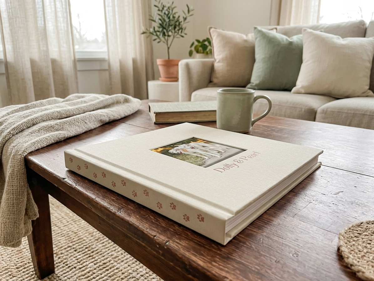 Dog photography heirloom album on a coffee table in a neutral, cozy living room.
