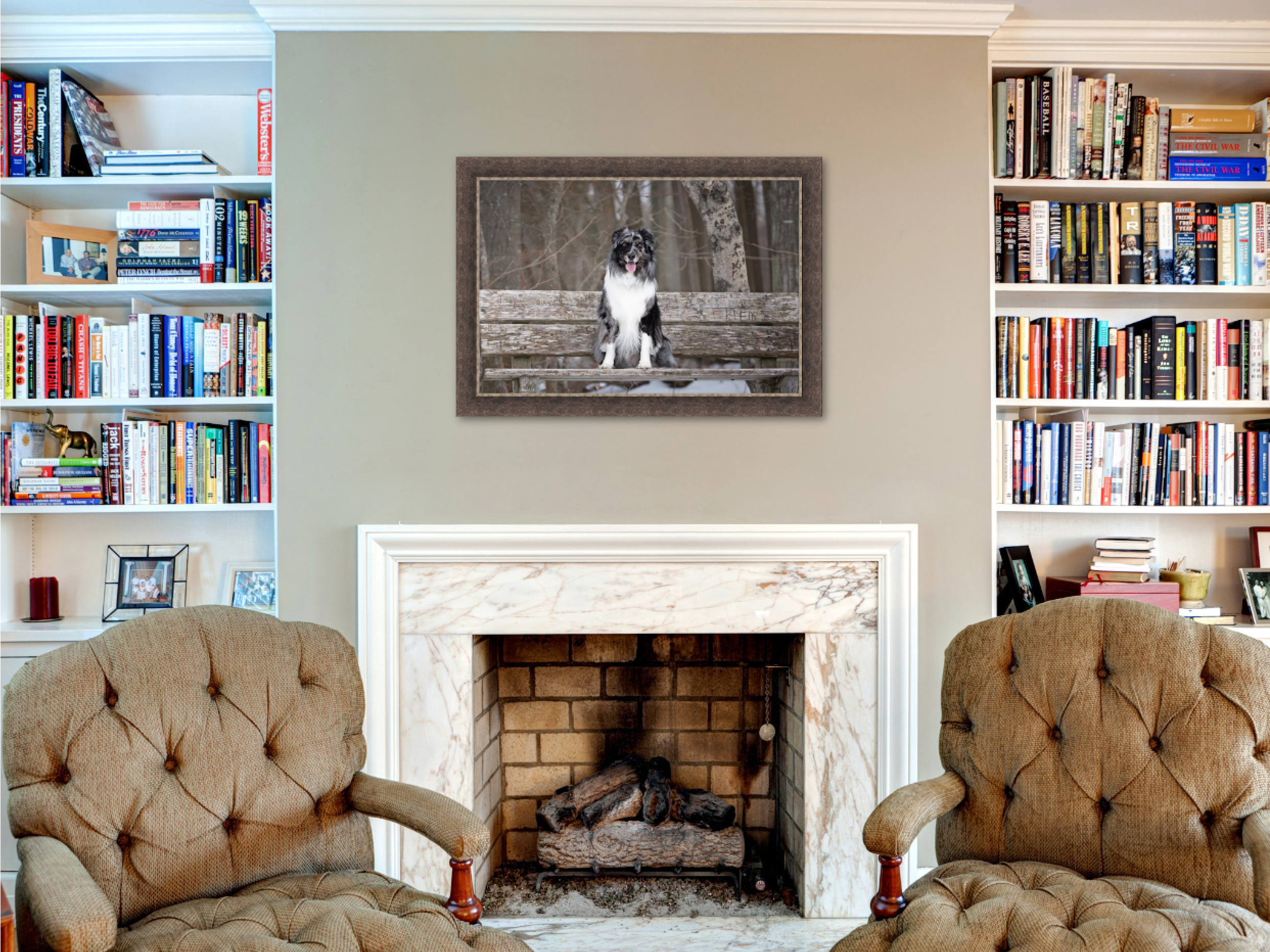 Framed winter dog portrait from a Michigan pet photography session displayed above a fireplace