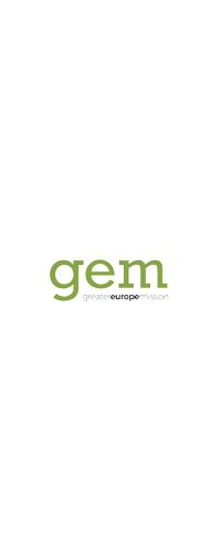 Logo of Greater Europe Mission with "gem" in green letters and text below it.
