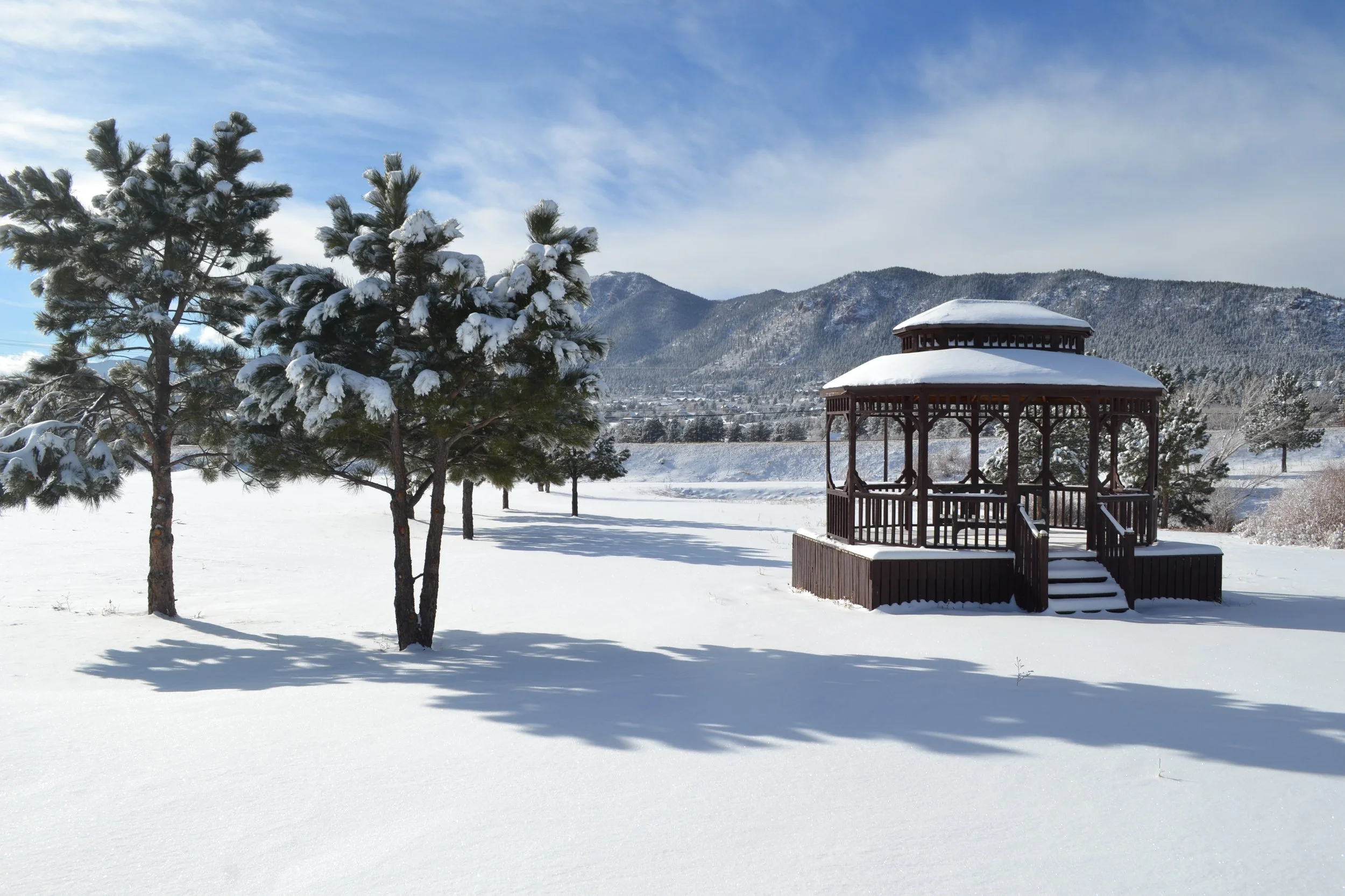 Snowy landscape with a wooden gazebo and pine trees, mountains in the background.
