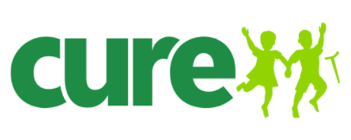 "Cure logo with green text and two children holding hands, with one child holding a crutch."