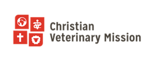 Christian Veterinary Mission logo with red icons of a globe, veterinary symbol, cross, and sheep head.