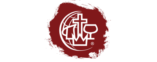 Religious logo featuring a globe, cross, crown, and cup on a burgundy background.