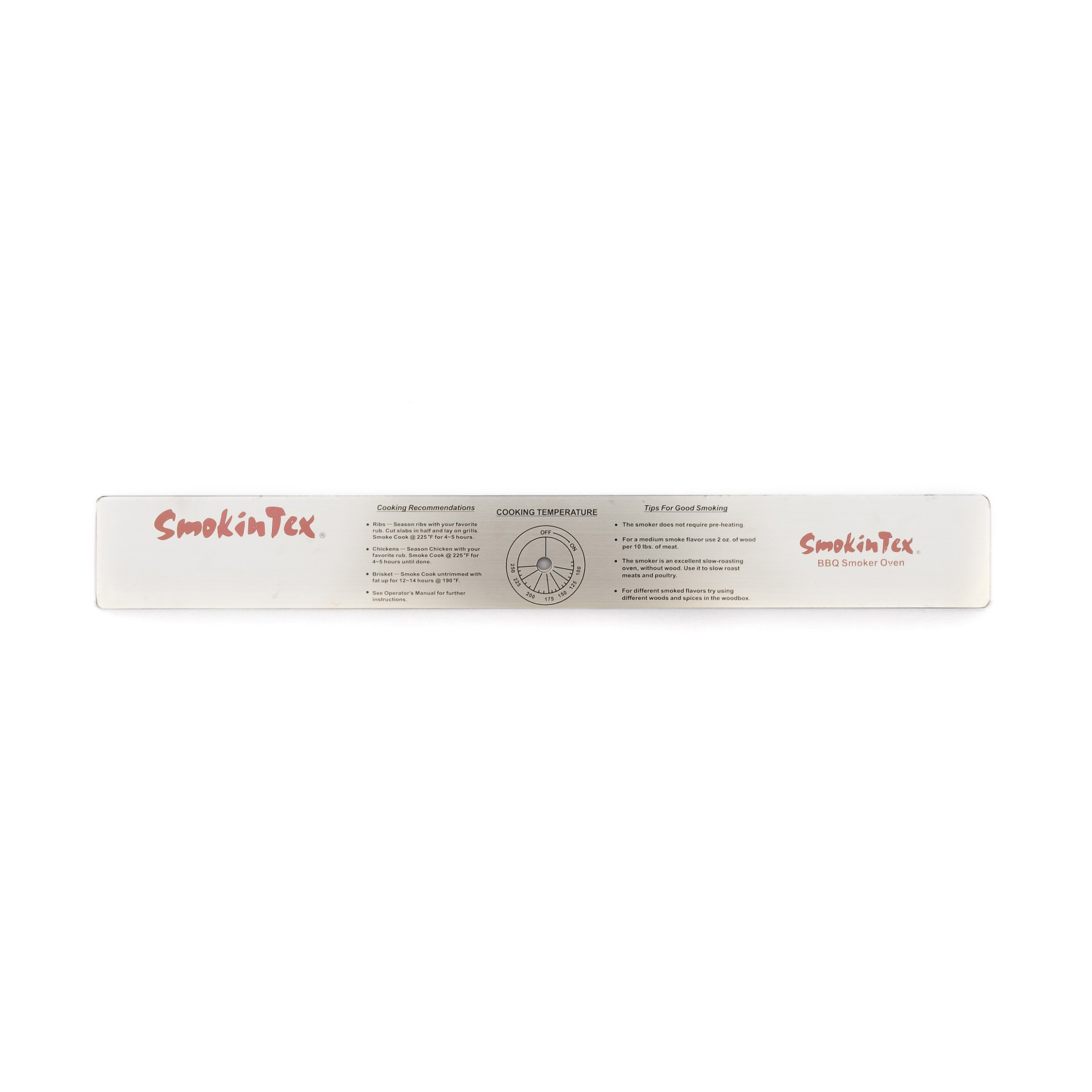 Stainless steel replacement label for the faceplate of SmokinTex electric smokers.