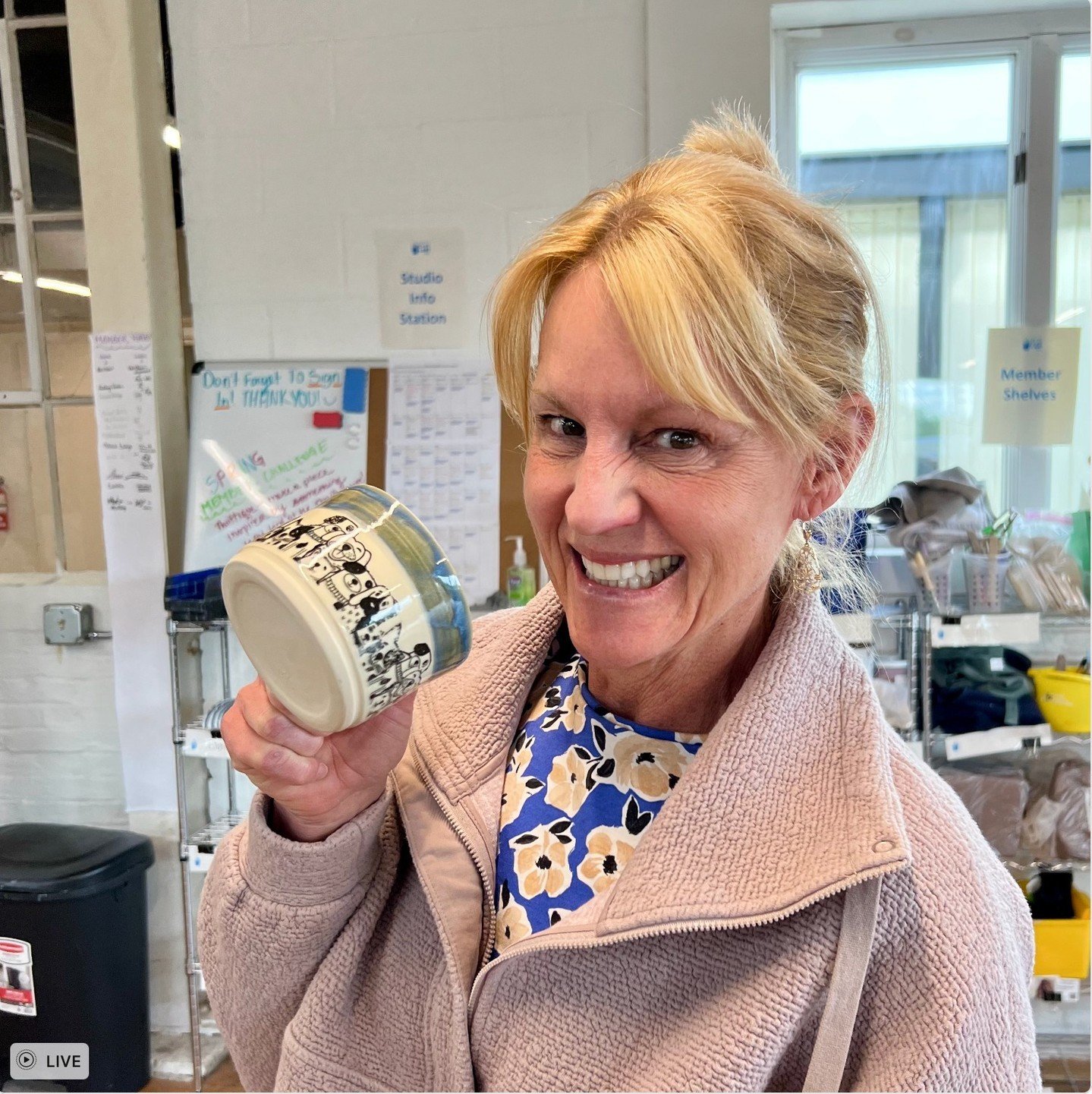 Our Member Jean @jamenden_hall with her sweet puppy cup, fresh out of the kiln. Can you guess how she did this?⁠
⁠
#puppycup #doggoneadorable #handmadeceramics #coffeepuppy #doglovergift #functionalart #dogart #happymug #ceramiclove #harrisonburgart 