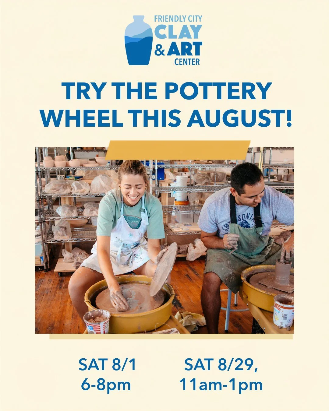 🎉 More chances to try the pottery wheel!

Our Pottery Wheel Sampler with Emily has been so much fun that we've added two new dates!

If you've been curious about pottery but aren't ready to commit to a multi-week class, this is a great place to star