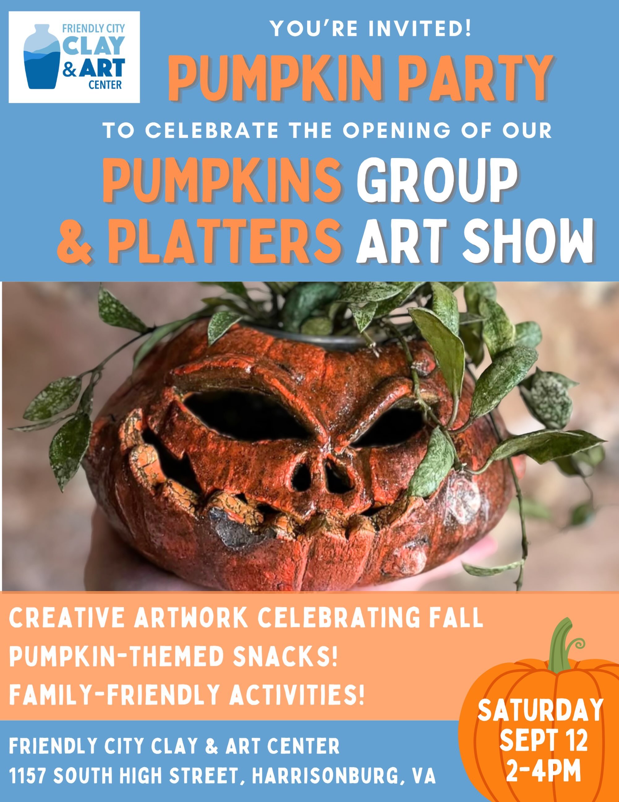 🍁YOU&rsquo;RE INVITED!🍁
Our Pumpkins and Platters show opens NEXT Saturday, September 12th! Come out and join us for Fall snacks, fun activities, and beautiful artwork!
#harrisonburgva #craftsposure #friendlycityclay #fallvibes #pumpkinseason