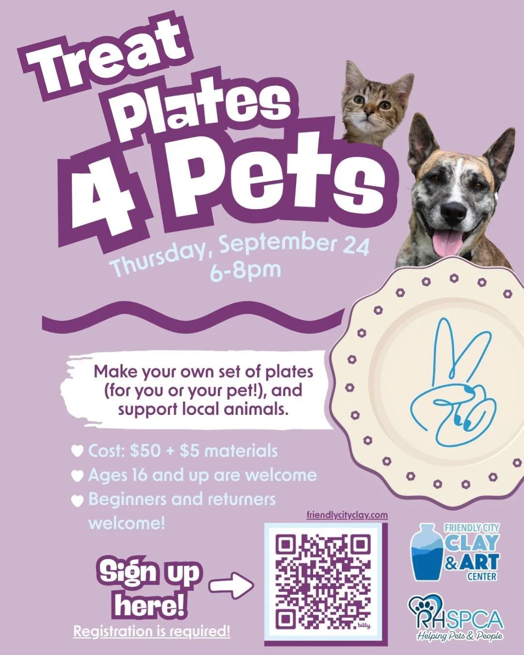 Make your own set of treat plates (for you or your pet!), and support our local animals. Proceeds will go to the RHSPCA, and thanks to a generous sponsor, all donations to RHSPCA are MATCHED in September, so your contribution is doubled! This worksho