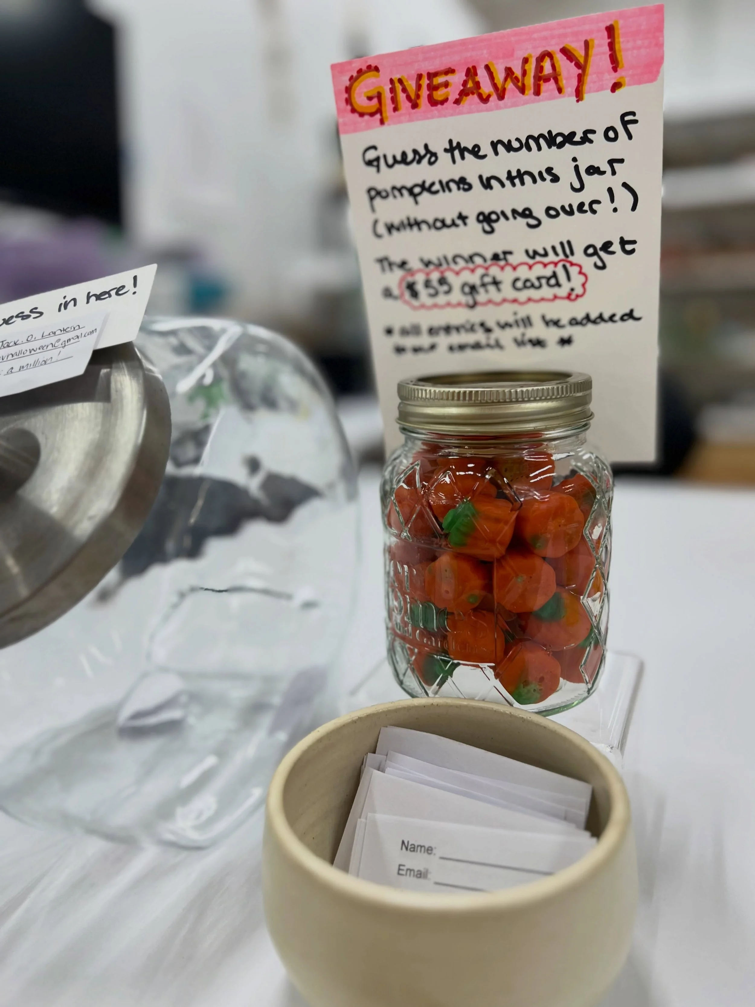 Something spooooooky is about! Visit us this weekend or next and guess the number of pumpkins in the jar, for a chance to win a $55 gift card, which can be used for any of our classes! Don&rsquo;t ask us how many are in the jar....we didn&rsquo;t cou