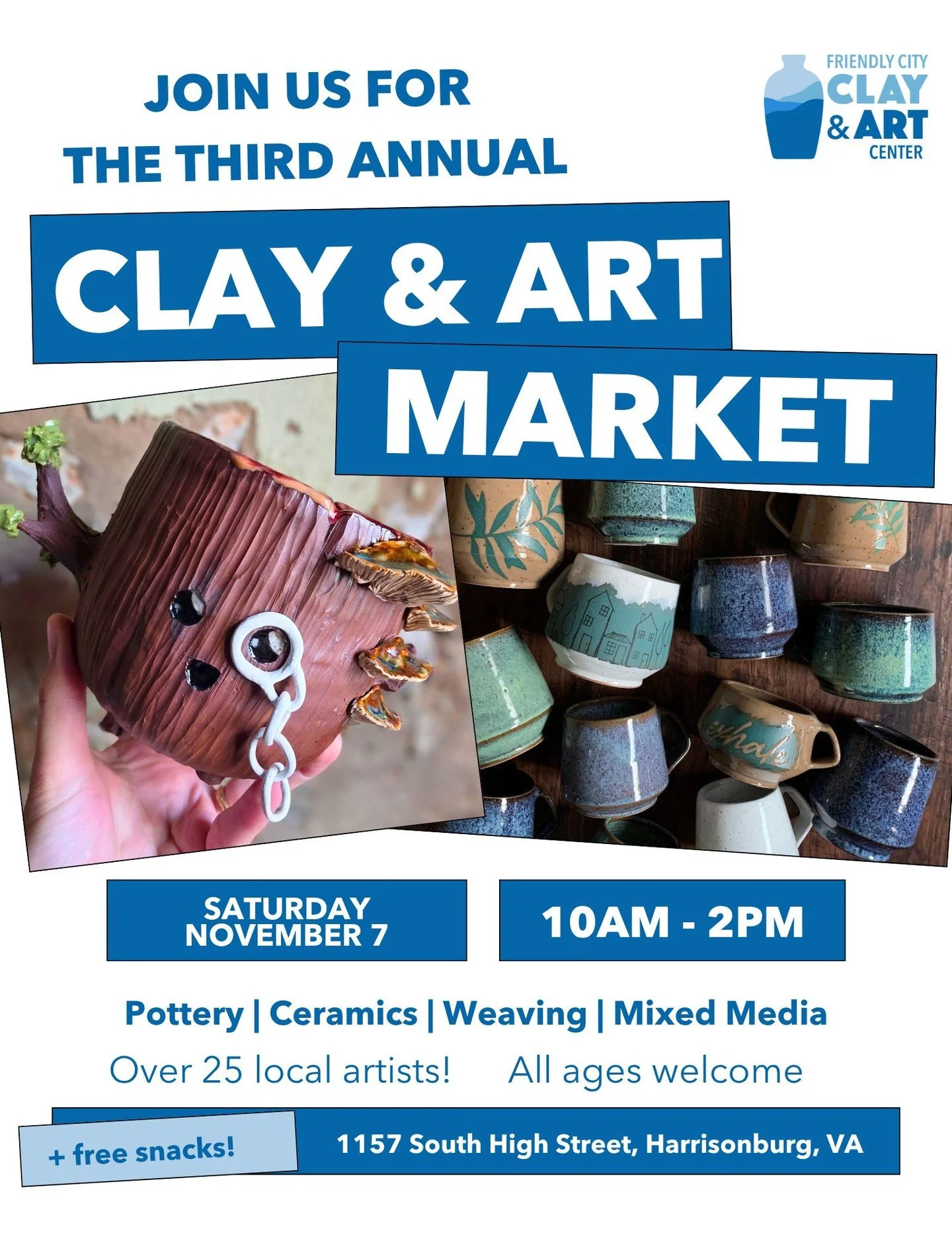 We are so excited to host our third annual Clay &amp; Art Market! All local, all handmade.

We'll have all sorts of fun and beautiful artwork here, from pottery for the kitchen (mugs! teapots!), to whimsical creatures, handwoven wall art, decorations