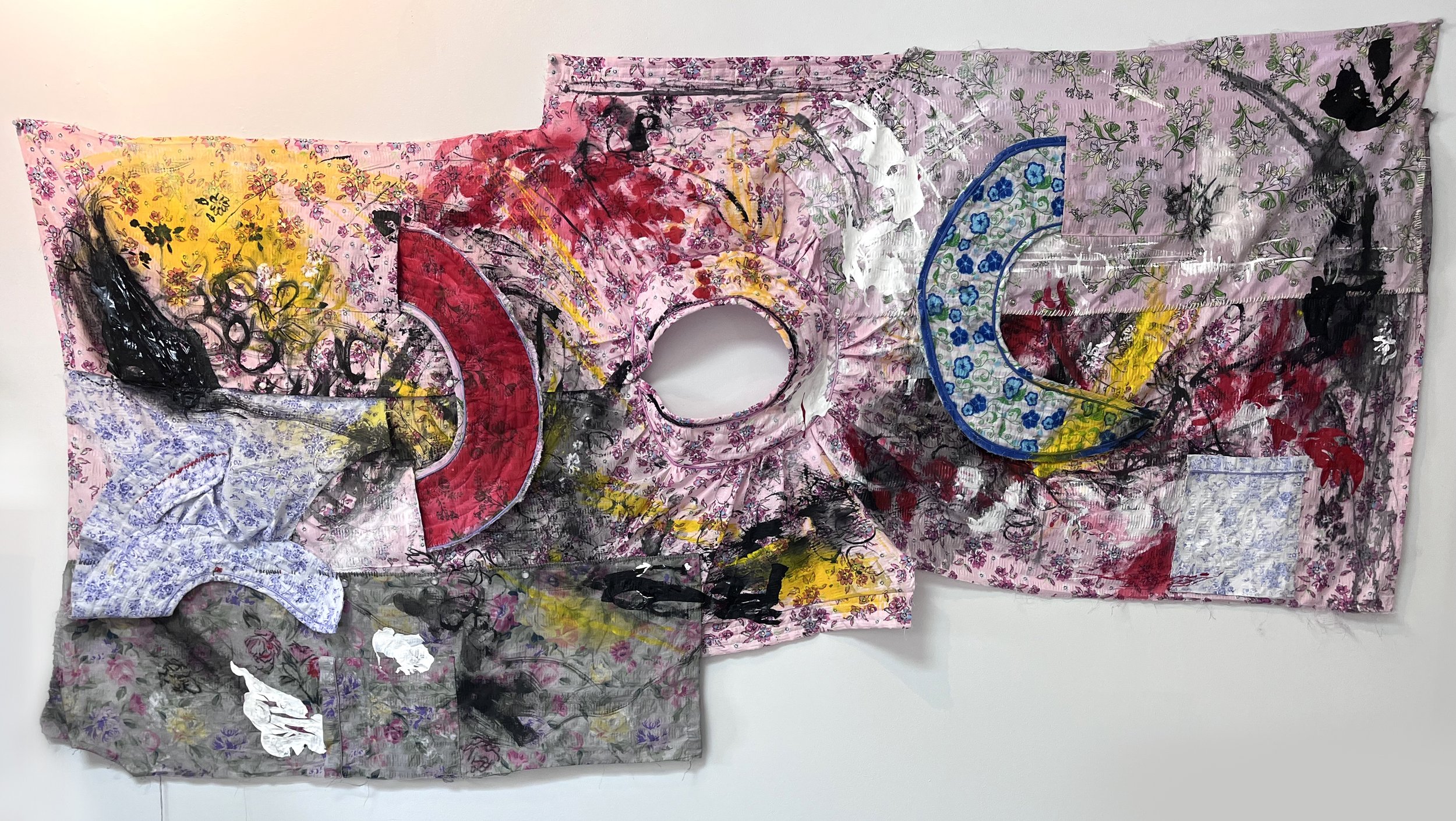 Floating (and lunging) towards the uncharted. 74”x39”x4” (Fabric, acrylic, ink, thread, paint skins) 2024