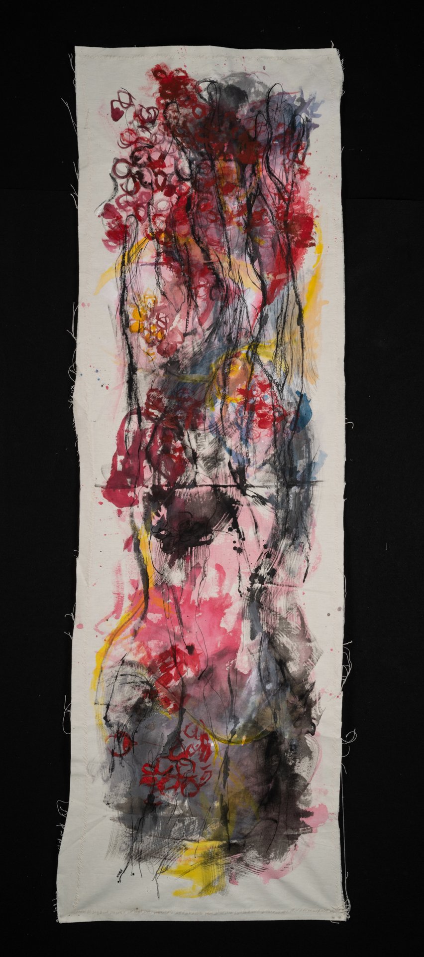 Untitled. 25"x75" (Acrylic, ink, cotton thread on unstretched raw canvas) 2020