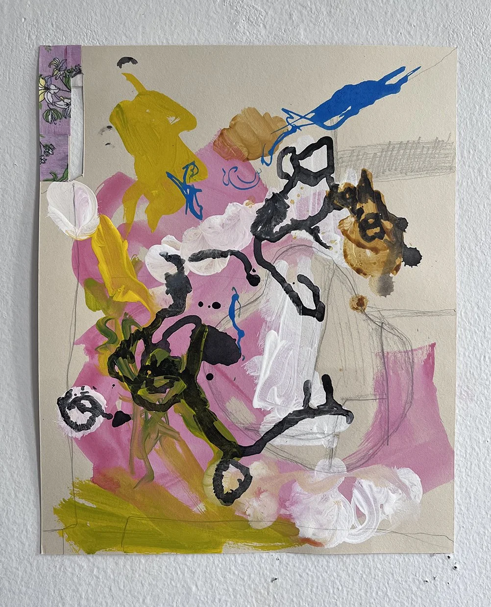 Untitled. 9"x11" (Acrylic, ink, pencil, colored laser on tan paper) 2024