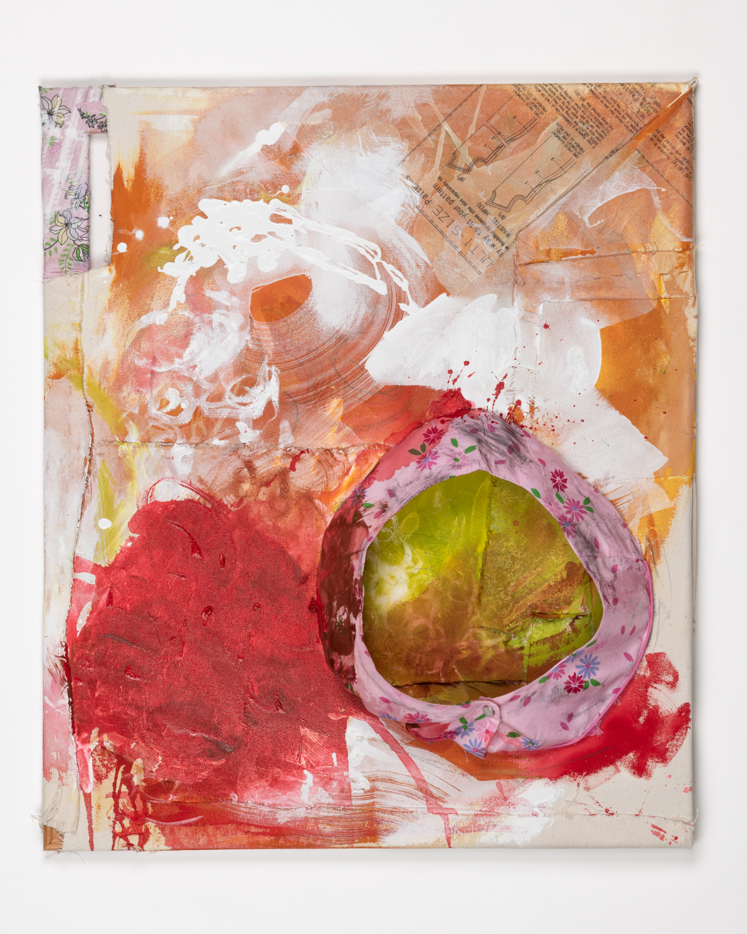 My mantle consists of pieces. 23"x27" (Acrylic, fabric, tissue paper, and wire mesh on hand-sewn and unprimed canvas) 2024