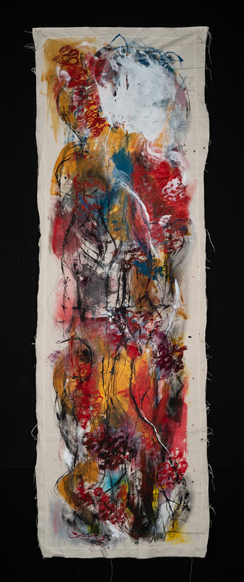 Precious Battlefield. 25"x75" (Acrylic, ink, cotton thread on unstretched raw canvas) 2021