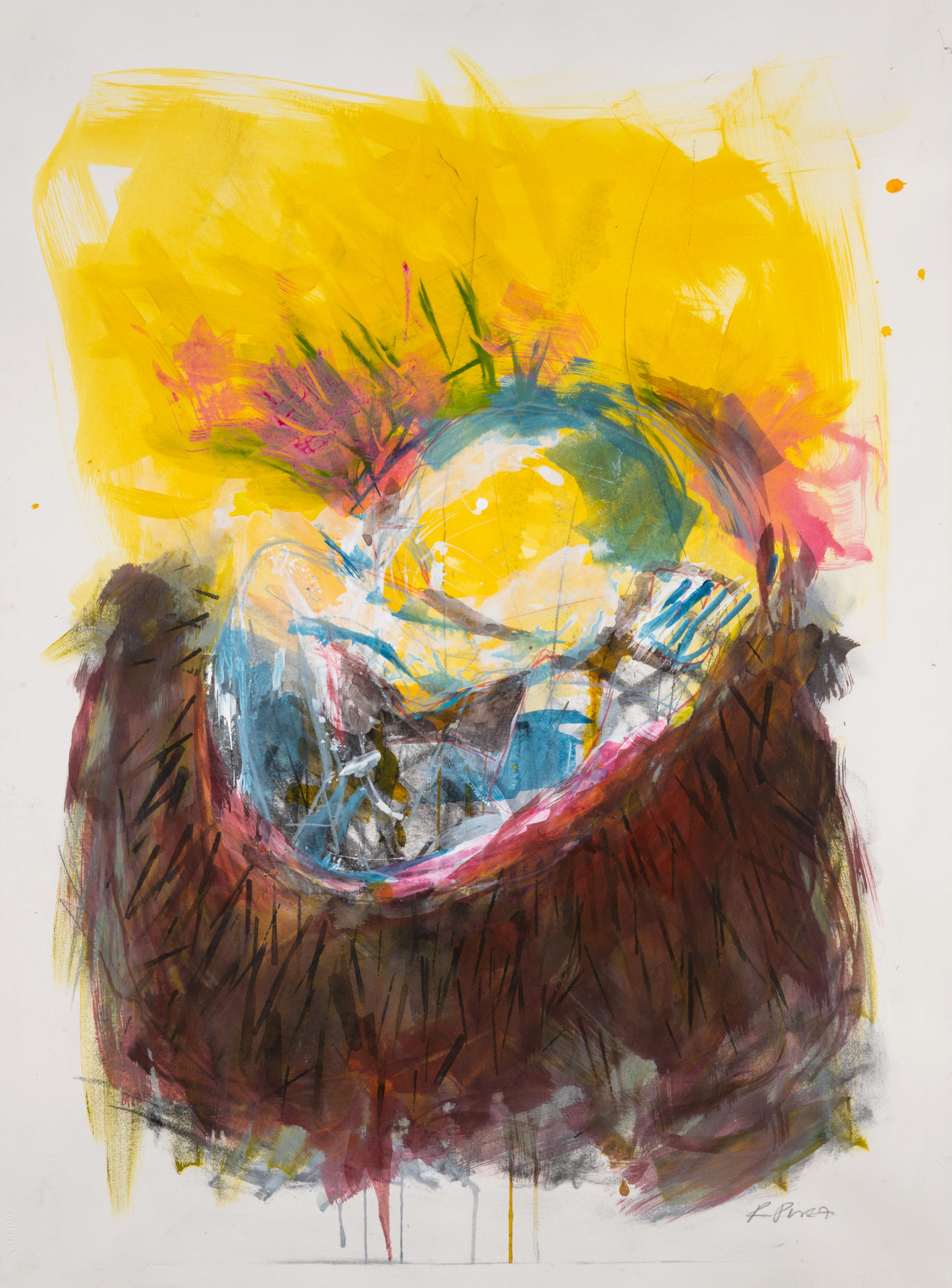 abstract painting of newborn baby surrounded by dark below and bright above