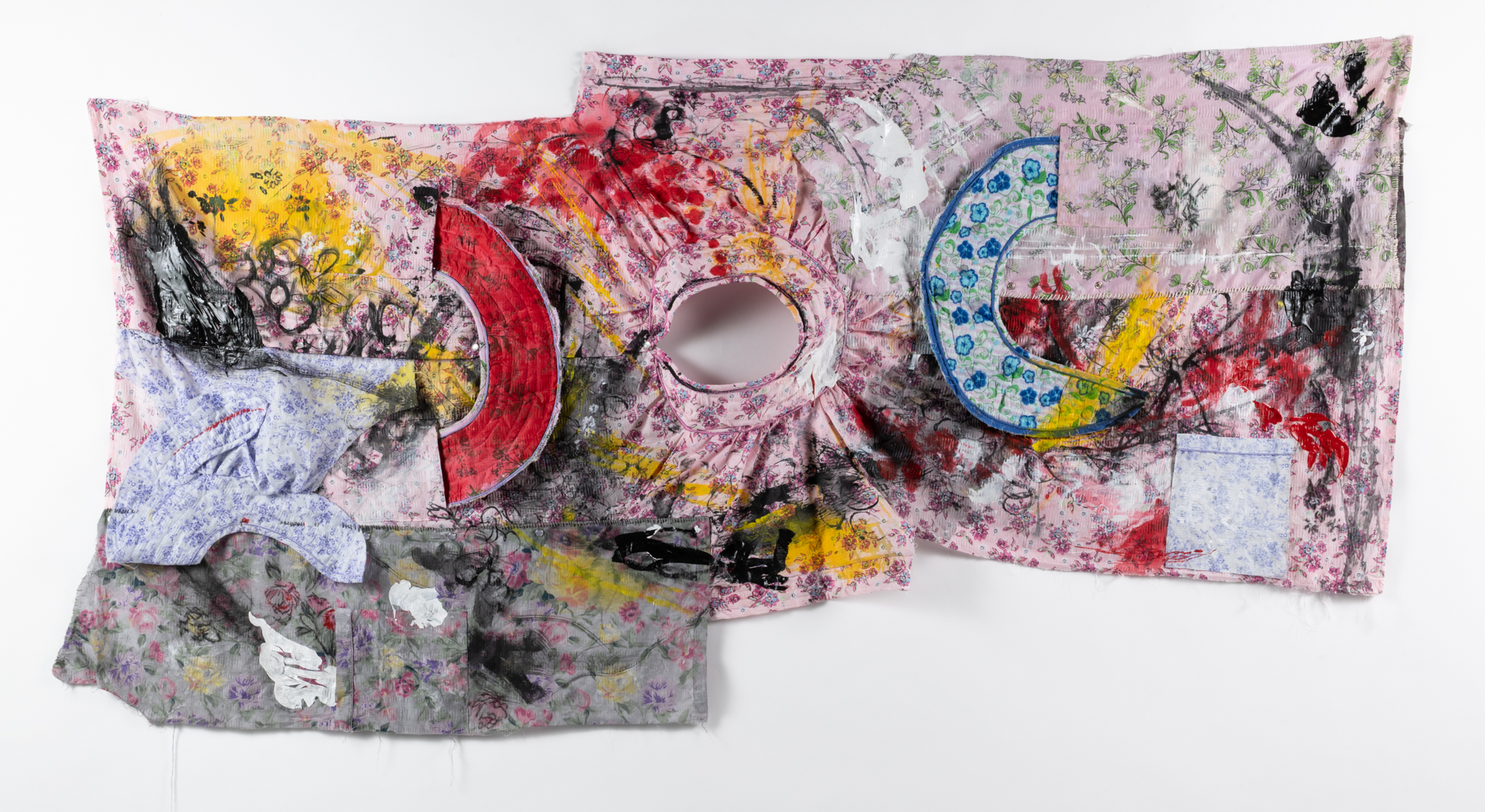 Floating (and lunging) towards the uncharted. 74”x39”x4” (Fabric, acrylic, ink, thread, paint skins) 2024