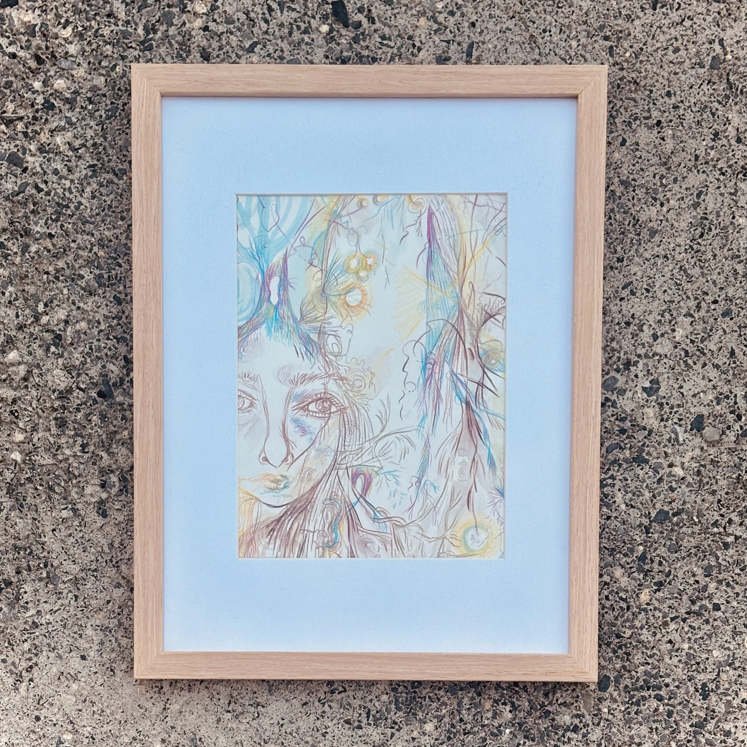 The original 'The Only Way is Through' mixed-media painting, set inside an off-white mat board and a light natural oak wood frame
