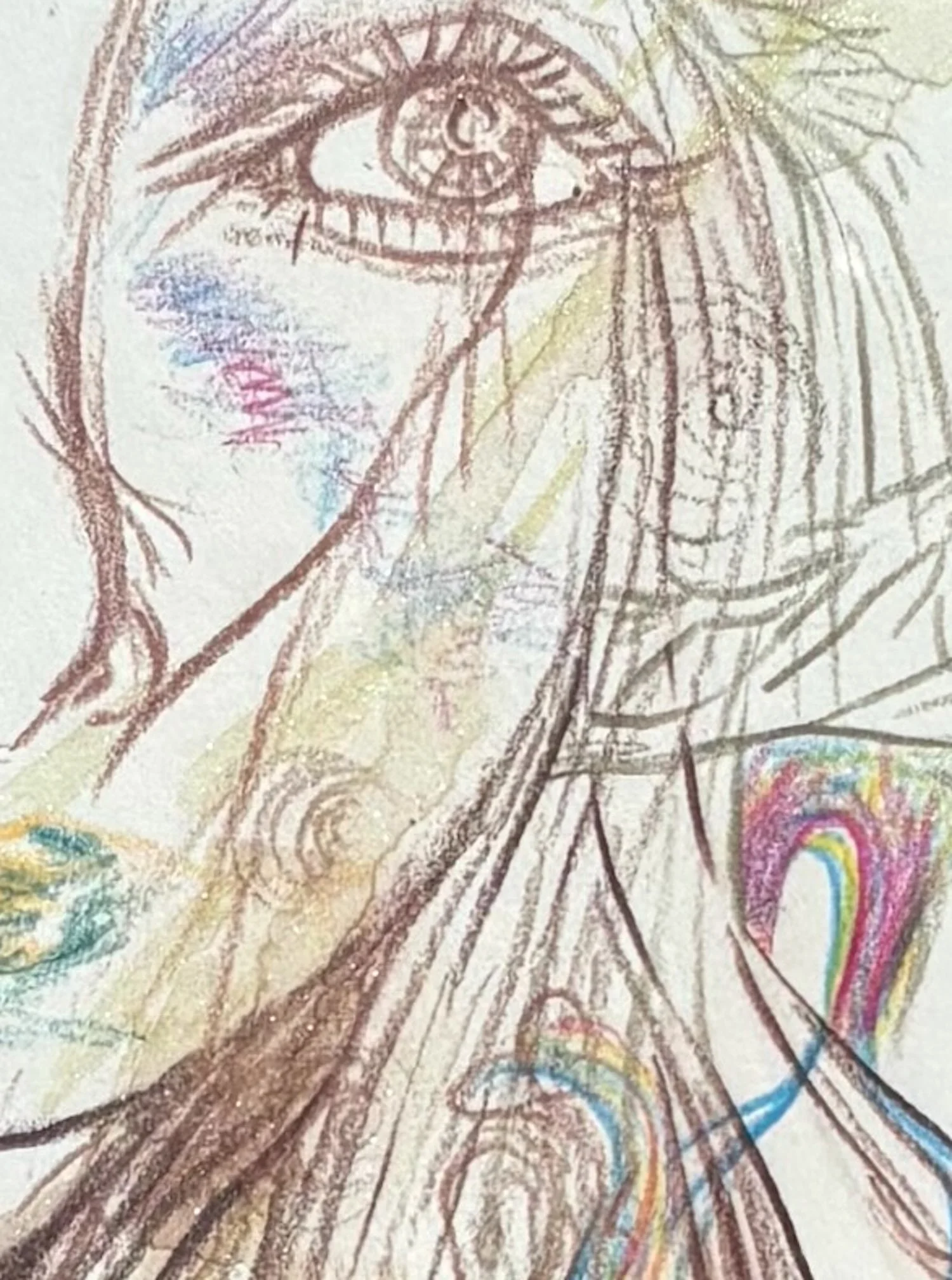 A close-up of "The Only Way is Through" painting, showcasing the intricate textures of watercolor layers, sharp colored pencil details