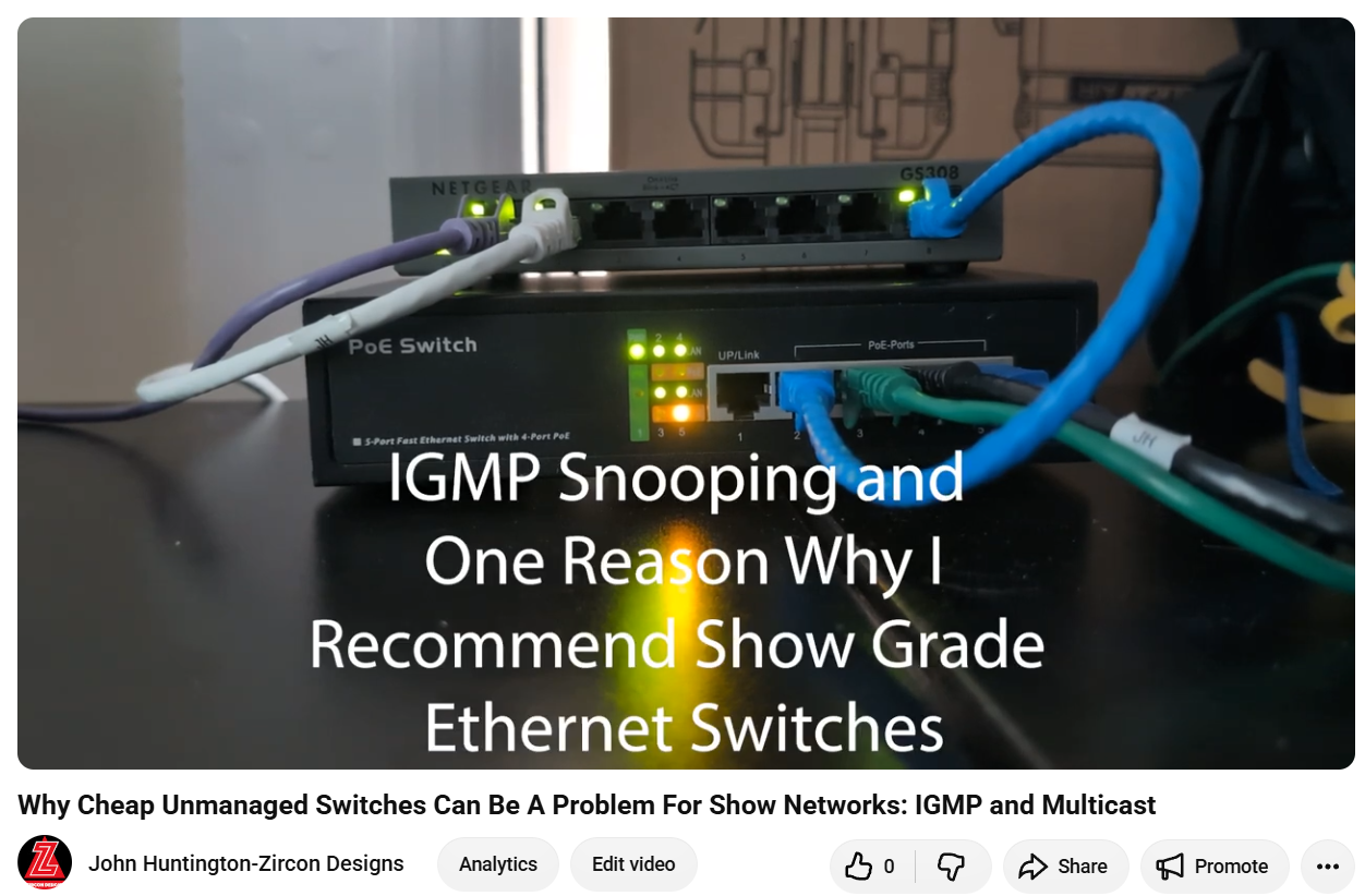 Demonstration of Issues with Multicast and IGMP Snooping in Inexpensive Unmanaged Network Switches for Shows and Entertainment Applications