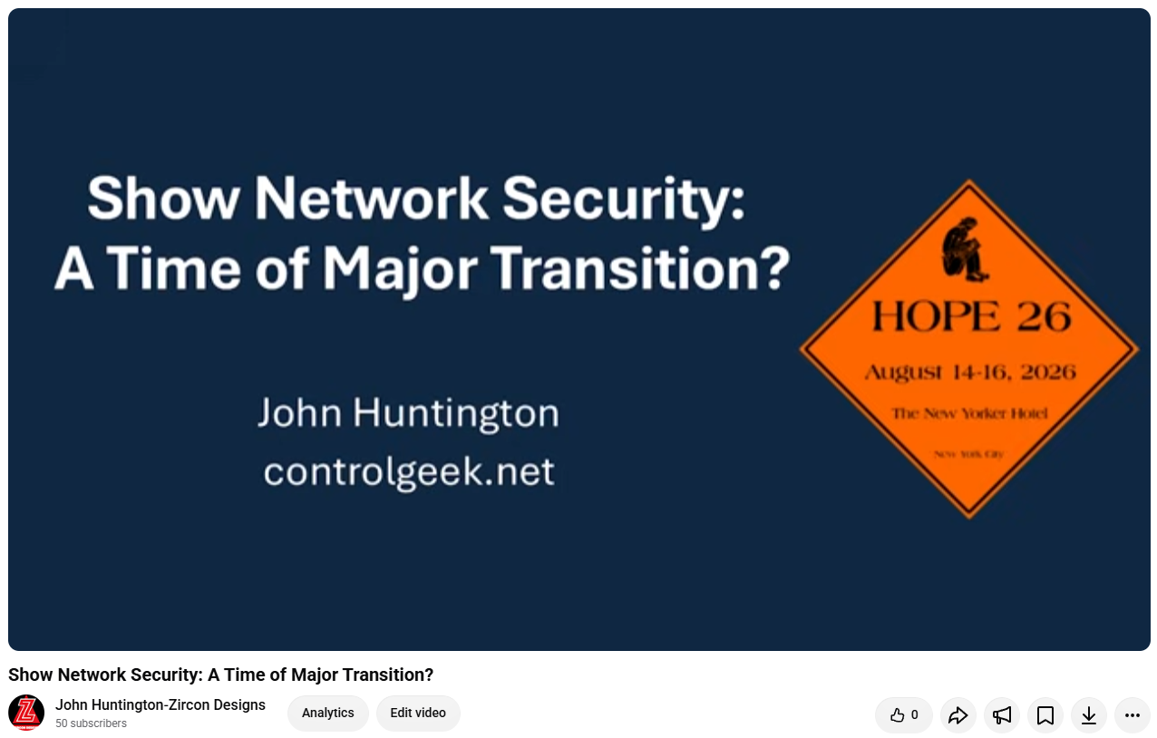 Show Network Security: A Time of Major Transition?  My Talk From HOPE 26