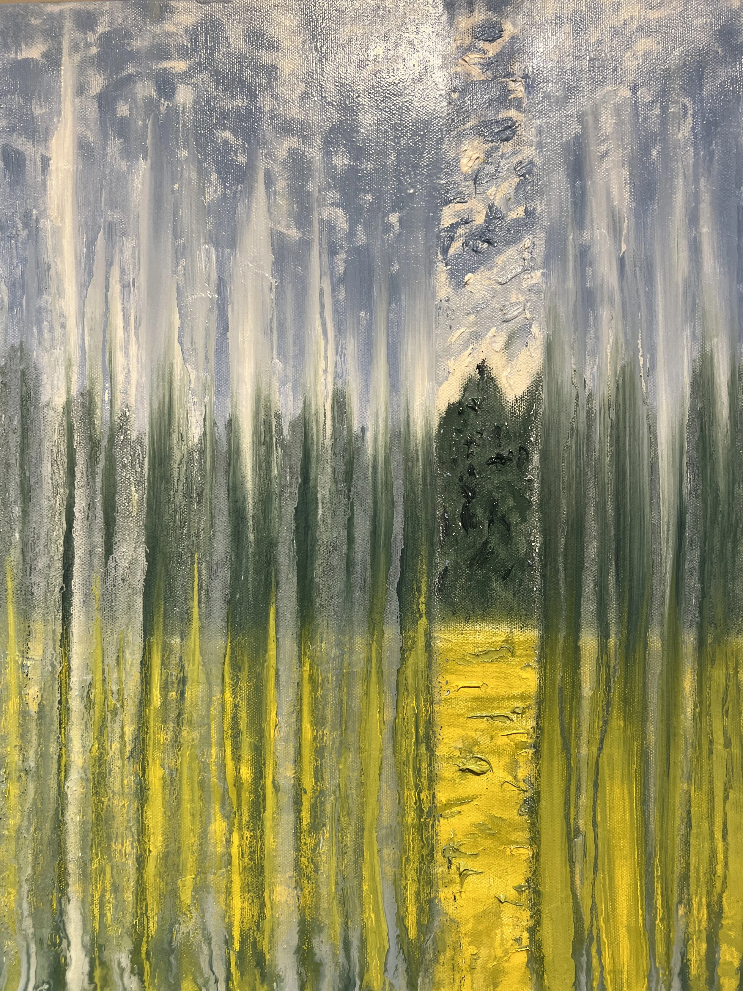 Pine Meadow in Rain by Rachel Brask - original oil painting 16x20 inches - wall art decor