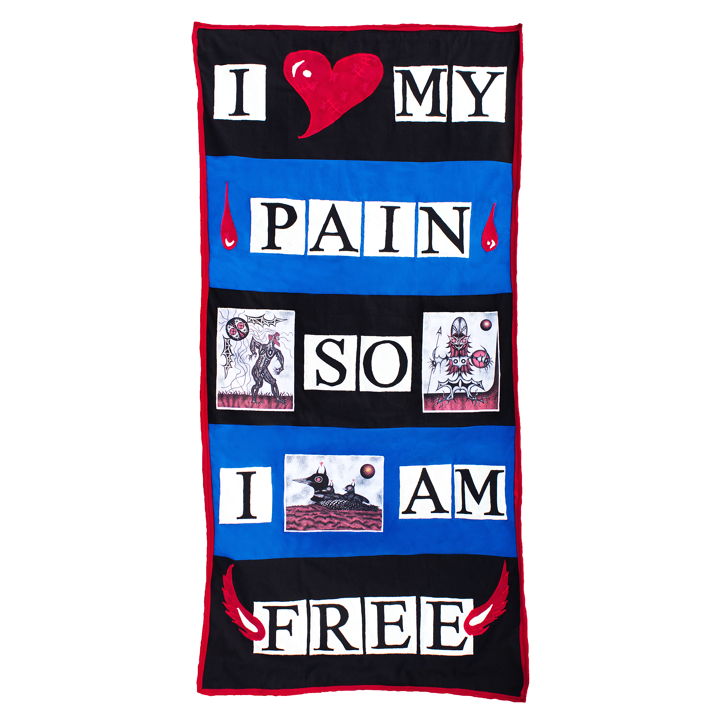 "The Escape" 36"x71" fabric, thread, & printed drawings on cotton 2025