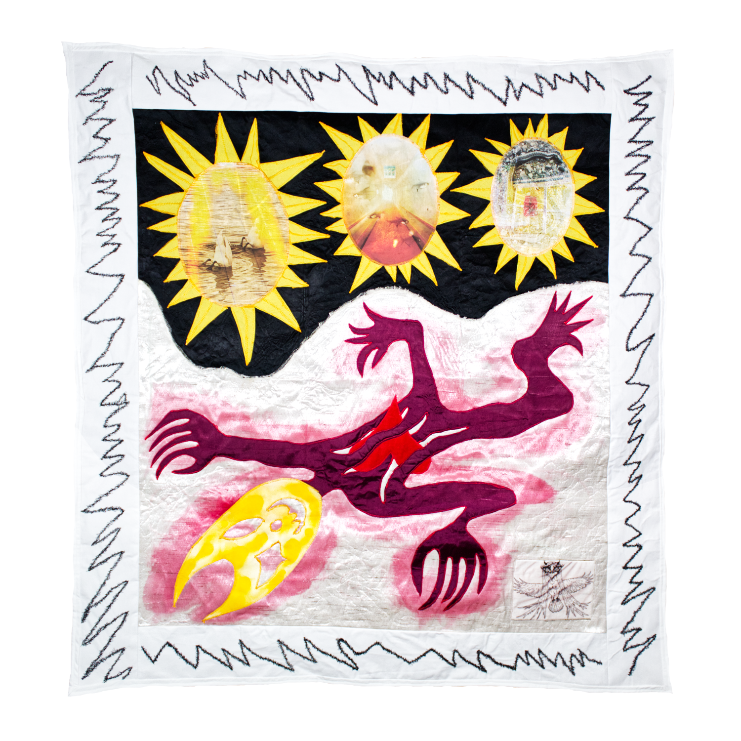"3 Suns" 44" x 48" fabric, thread, & inkjet printed photos on cotton 2026