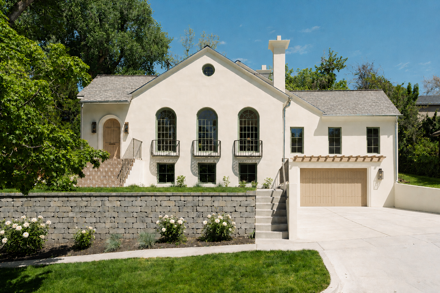 spanish exterior home with green windows