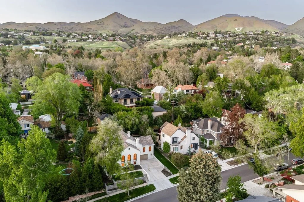 Aerial view of a suburban neighborhood with multiple houses surrounded by trees and greenery, with hills in the background.