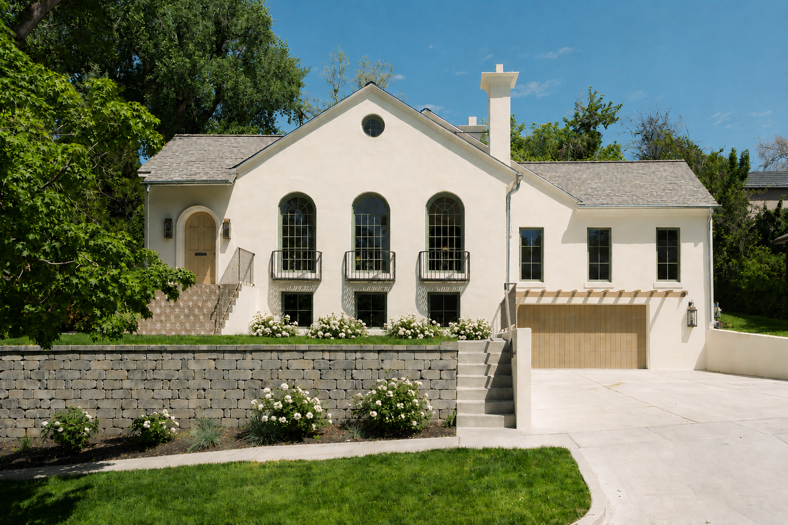 A white two-story house with arched windows, a small balcony, and a stone retaining wall in front. The house has a gray shingle roof, a beige garage door, and a front yard with green grass, shrubs, and white flowers. There is a set of concrete stairs leading up to the front door, with trees and a bright blue sky in the background.