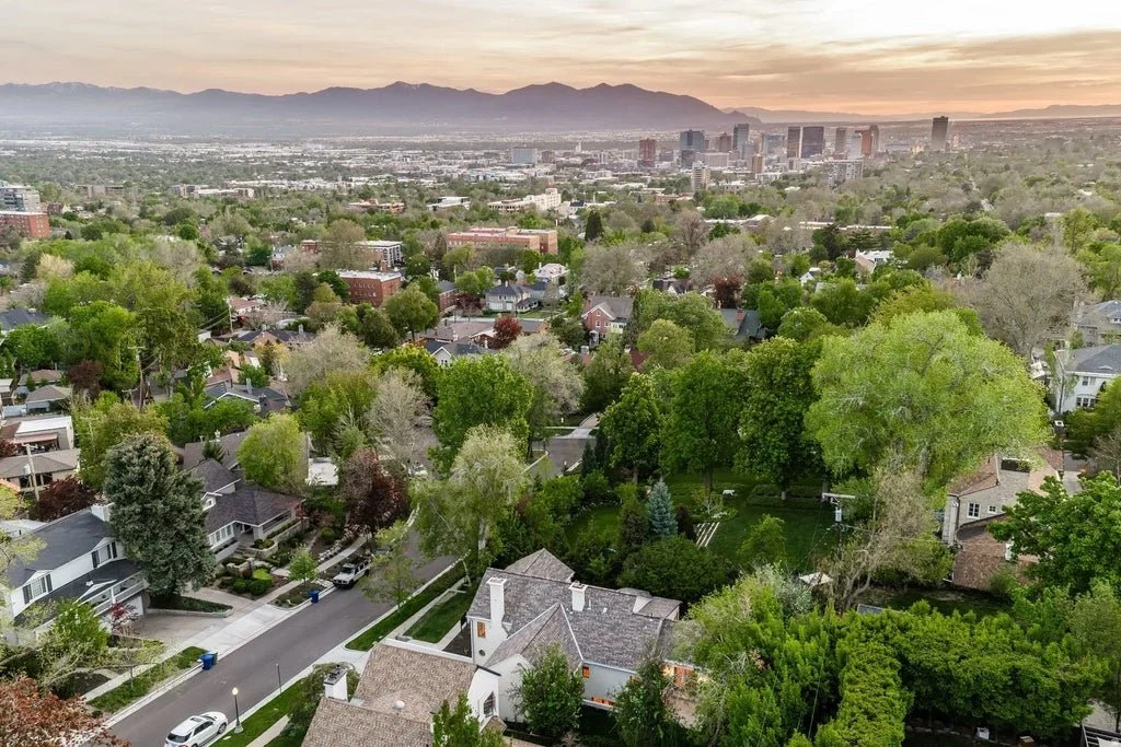 An aerial view of a city neighborhood with many trees, houses, and a distant city skyline with mountains in the background at sunset.