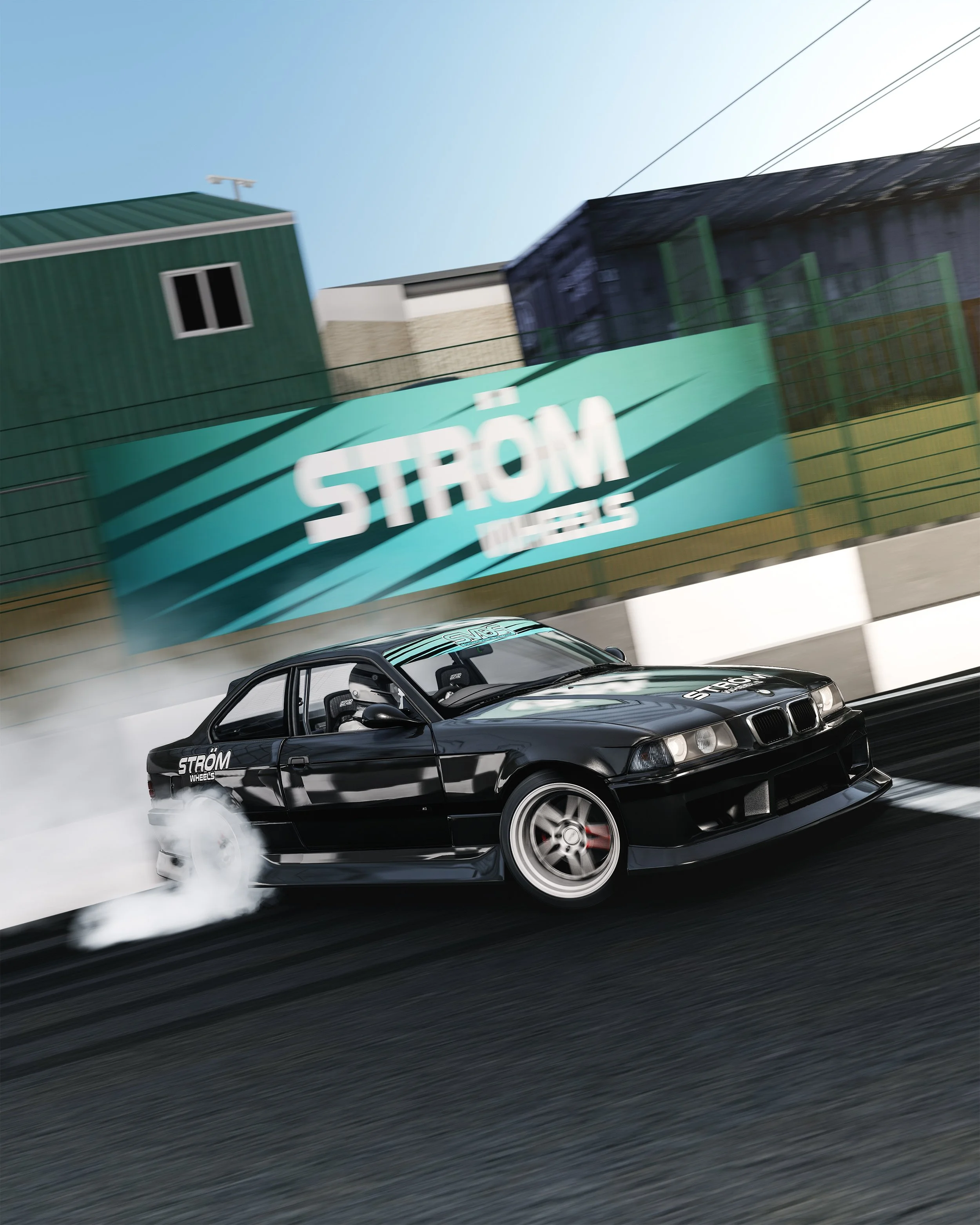 SVDS x Tsuji E36 in front of Strom Wheels Logo