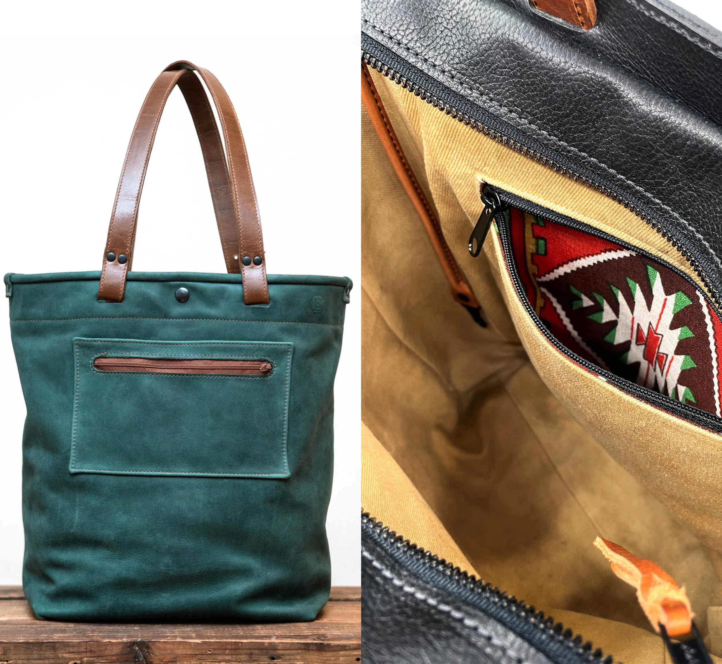 Green version of Ziggy Tote and image of the interior of a Ziggy Tote showing zippered lining