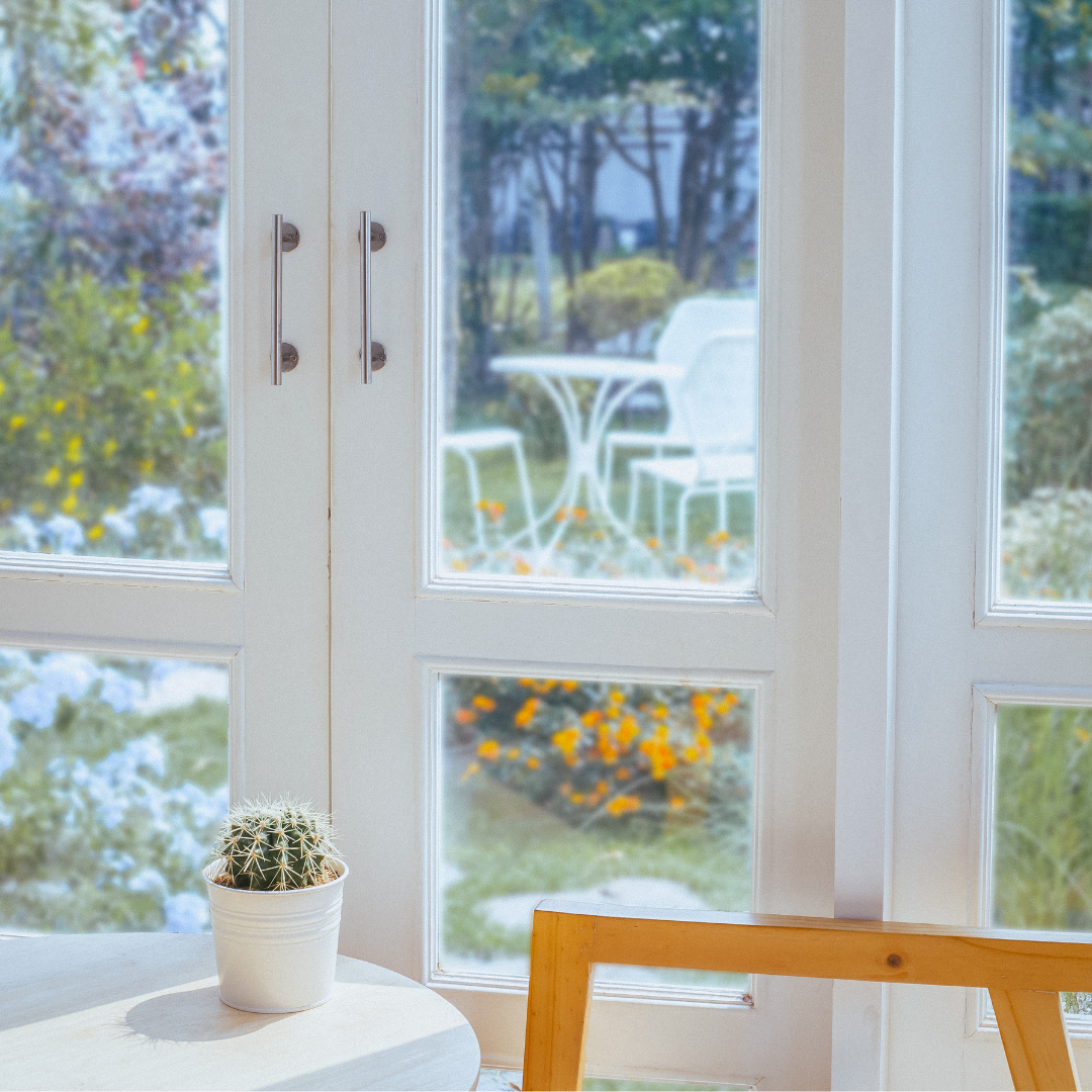 A small cactus in a white pot on a table inside a sunlit room with large glass doors, leading to a garden with outdoor furniture, trees, and colorful flowers.