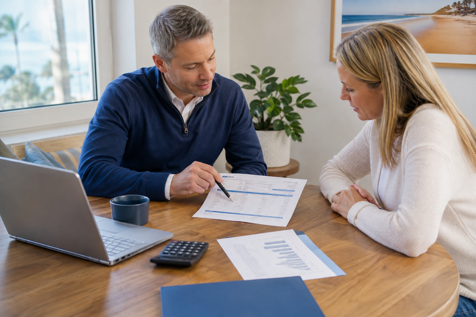 Business owner reviewing a payment processing statement with a local payment advisor