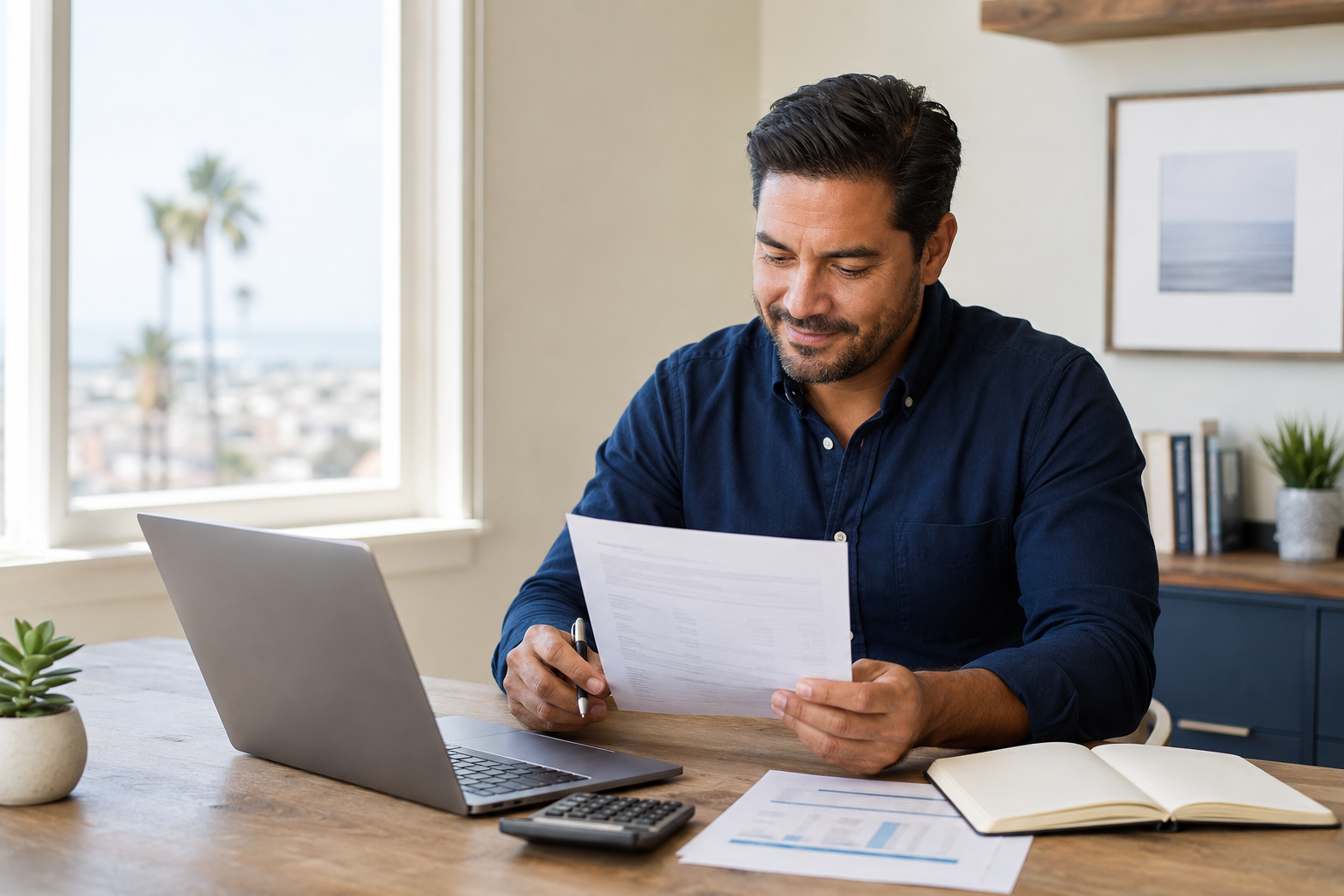 Business owner reviewing payment processing reports and educational resources at a desk
