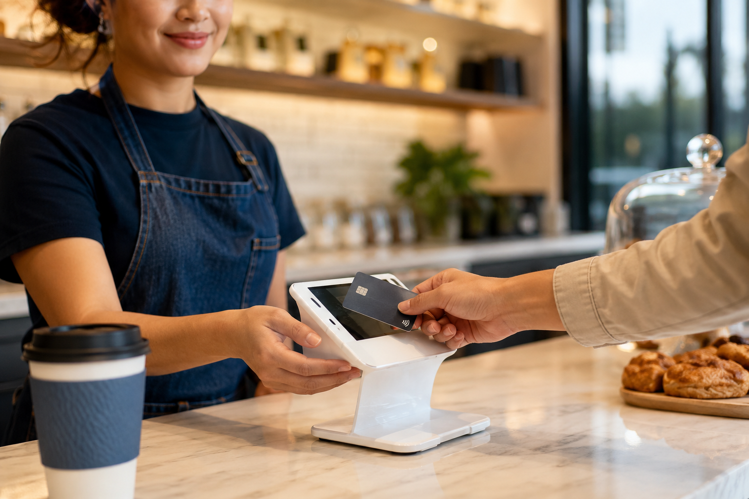 South Bay small business employee completing a secure customer card payment at checkout