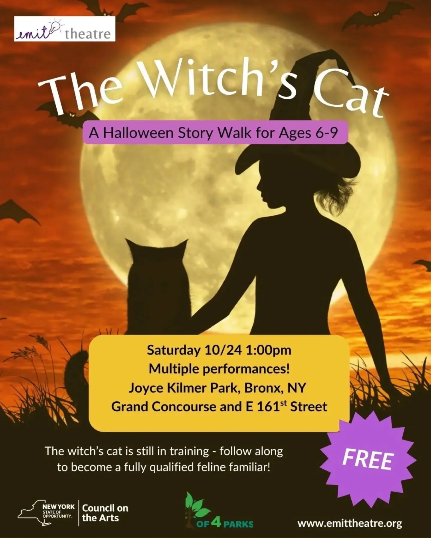 Our curious and at times mischievous cat is back at the Friends of 4 Parks Annual Halloween Extravaganza!&nbsp;in &ldquo;The Witch&rsquo;s Cat&rdquo; / &ldquo;El Gato de la Bruja".&nbsp;

In our story walk you are part of the action as you help 