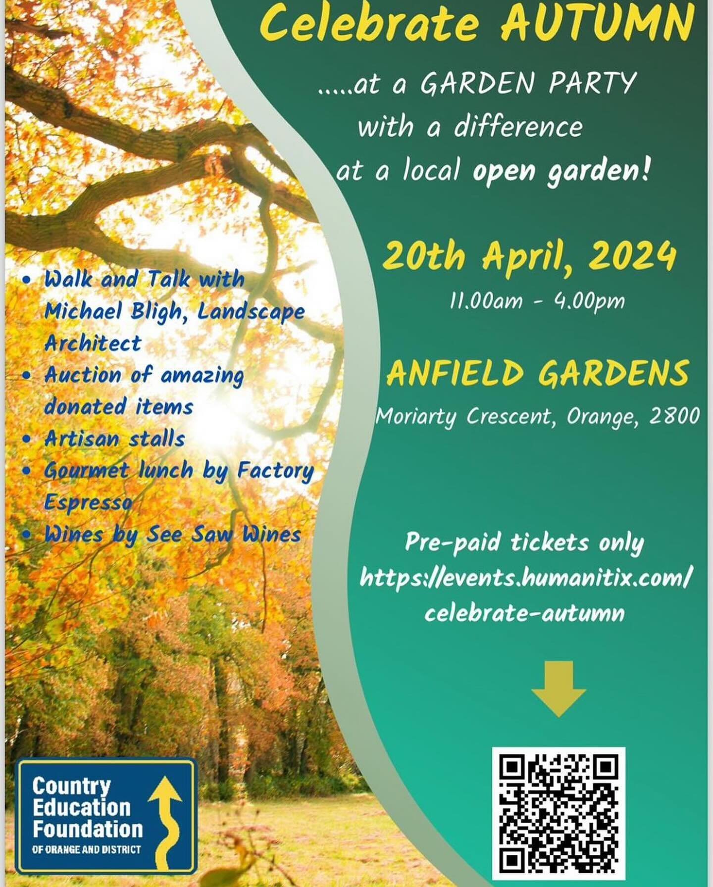 Celebrate Autumn at a garden party with a difference on Saturday 20th April. 

Enjoy a wander in one of Orange&rsquo;s most impressive and formal gardens @anfieldgardens, mix with other plant enthusiasts, listen to the garden design knowledge and exp