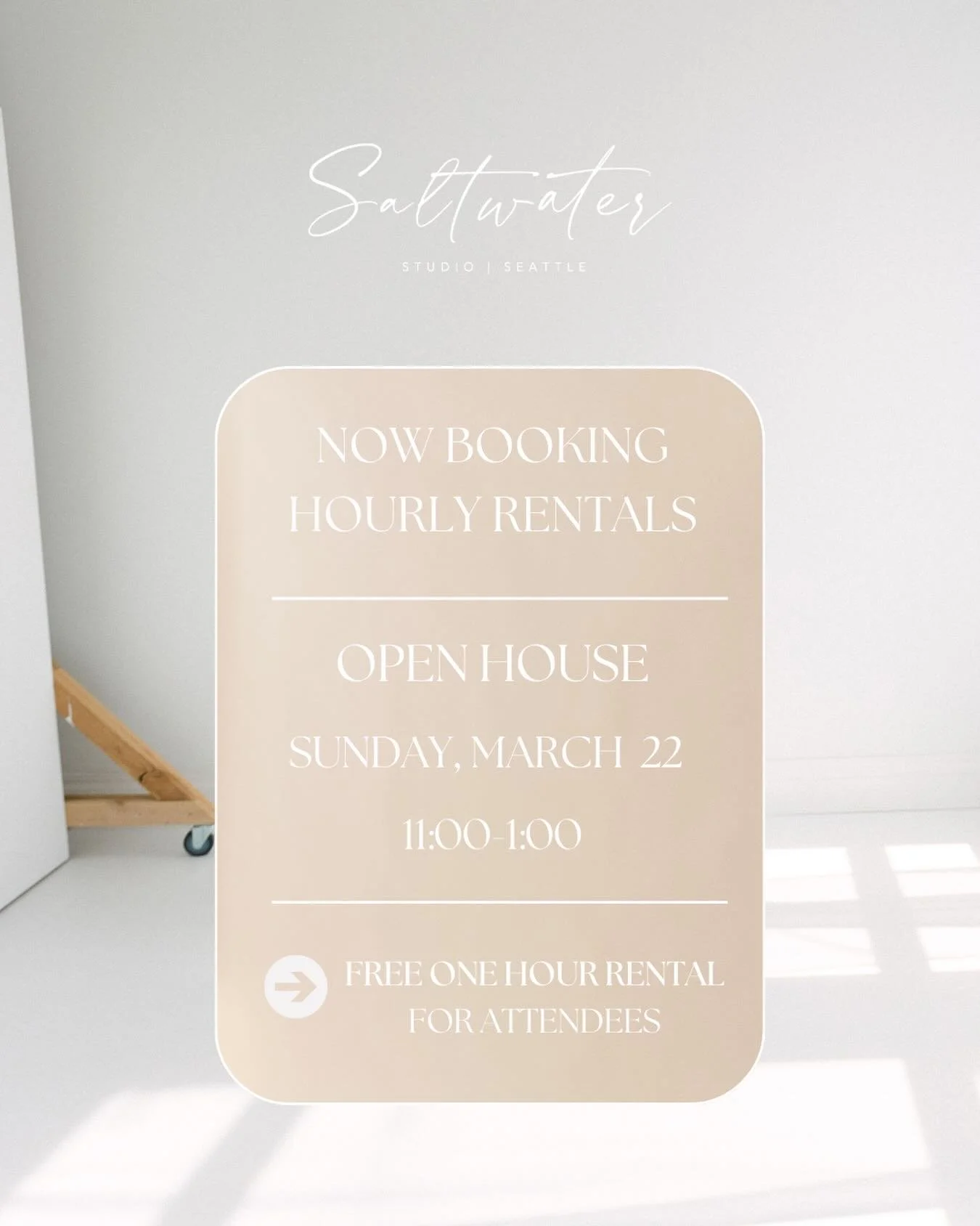 OPEN HOUSE

Seattle-area creatives, we would love to see you at Saltwater Studio this Sunday 11a-1p! RSVP at www.SaltwaterStudioSeattle.com

📣 Only for attendees! 
- Get a FREE one-hour rental ($90 value)
- Join the membership within one week of the