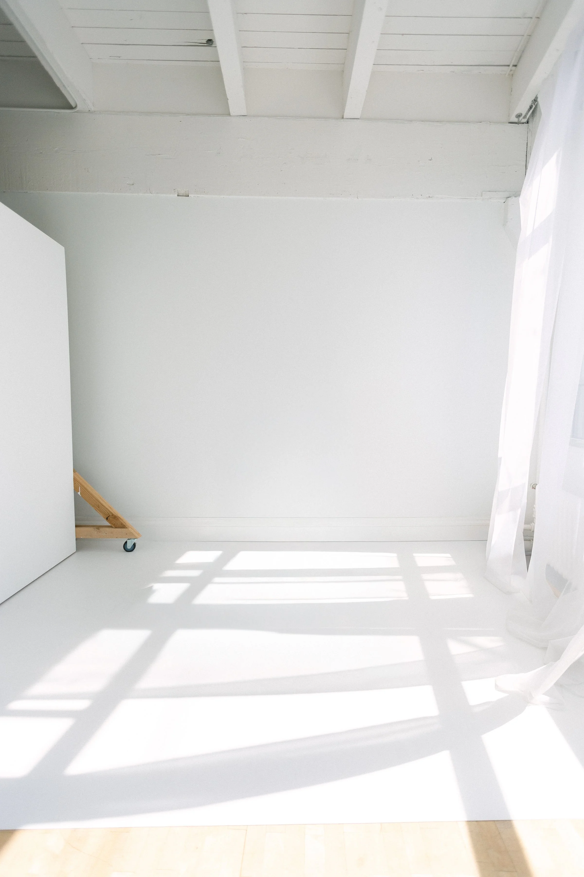 Minimalist studio set with a grey sofa, a round wall decor, a potted plant on a small table, white curtains, and a striped rug on a wooden floor in a Seattle photography studio.