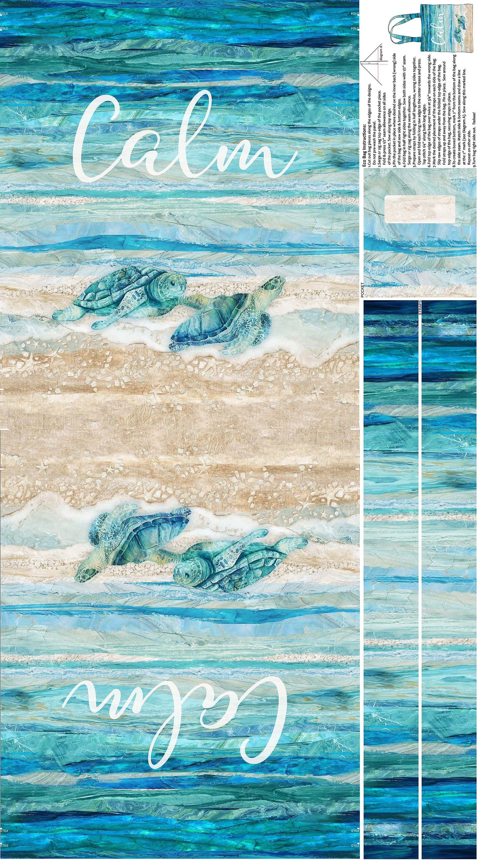 A Northcott fabric panel featuring the directions to build a canvas tote bag. Design includes sea turtles on the beach, an inside pocket & blue and teal striped handles. Each panel creates one bag.