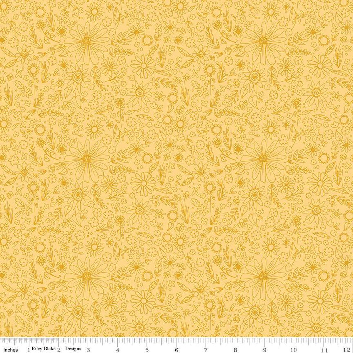 This Riley Blake floral print features gold outlined wildflowers on sunshine yellow fabric