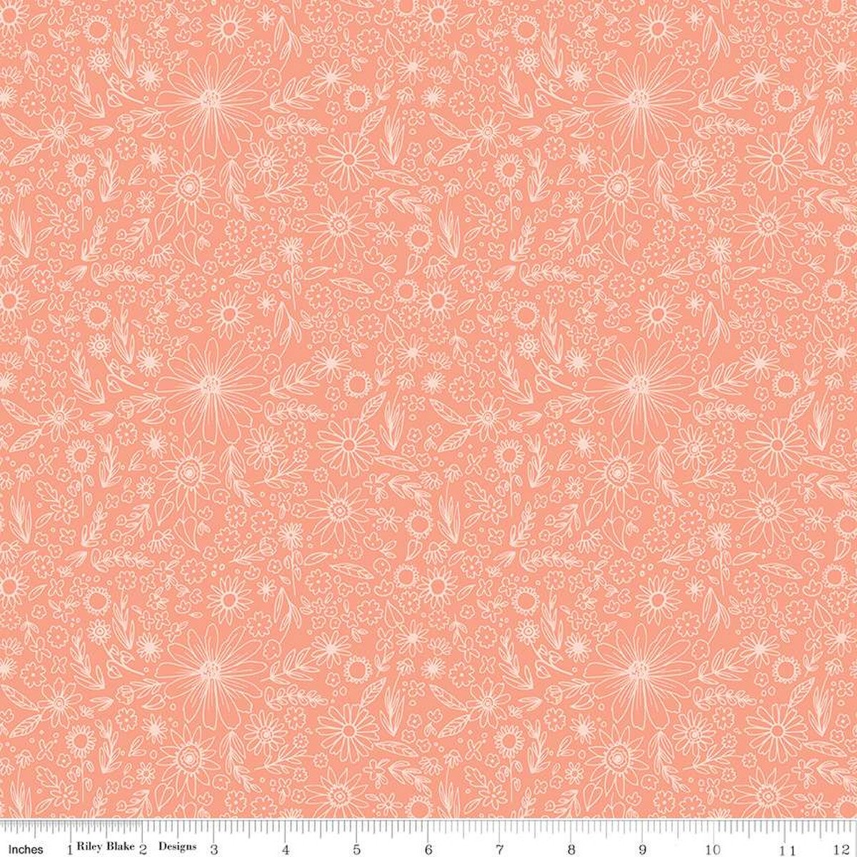 This Riley Blake floral print features white outlined wildflowers on coral fabric
