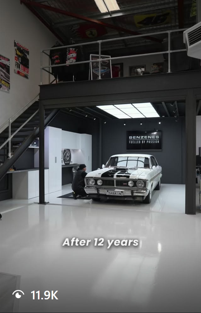 A thumbnail of a video of a car detailing workshop featuring the business owner working on a vintage muscle car. The video has 11.9k views on the Instagram UI.