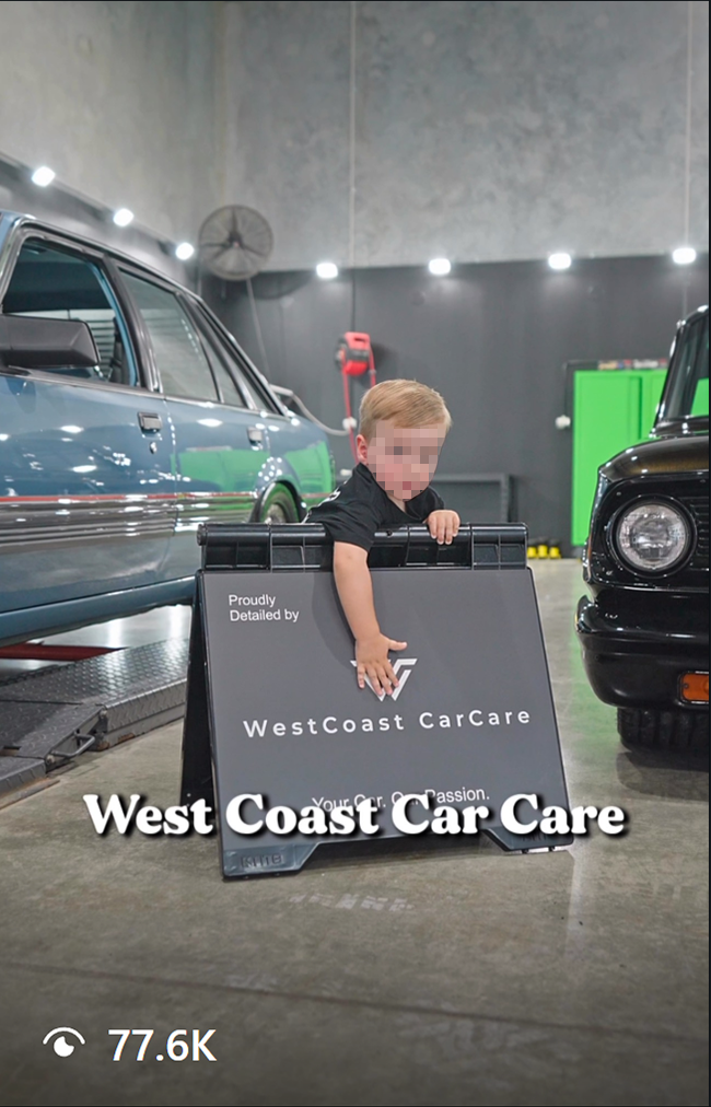 A thumbnail of a video of a car detailing workshop featuring the son of the business owner. The video has 77.6k views on the Instagram UI.